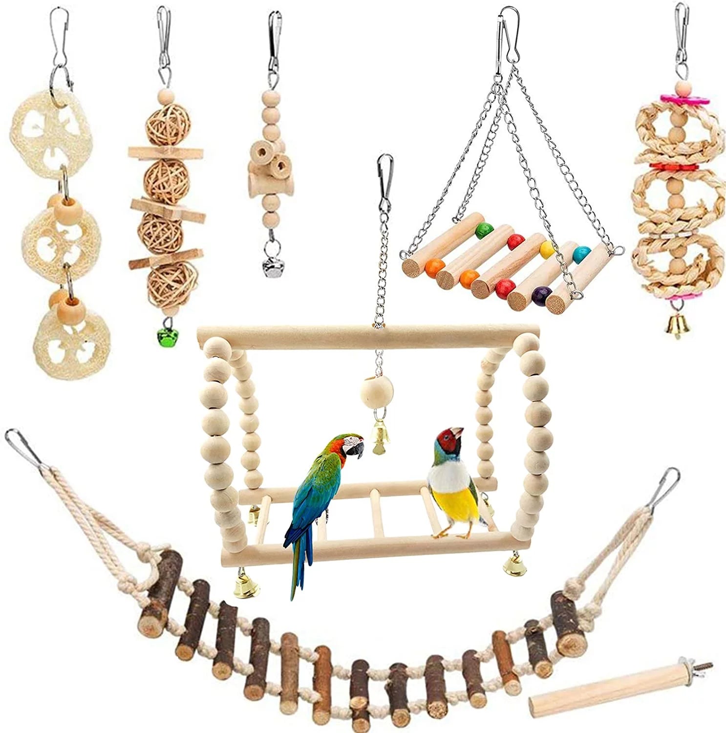 8 Pack Extra Large Bird Toys for Parakeet Toys for Bird Cage Accessories Parakeets Swing Chewing Toys,  Wooden Bird Toys for Cage Parrots Toys, Bird Training Toys, Parrot Hanging Swing